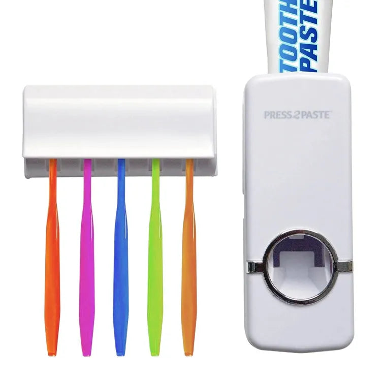 Automatic wall mounted toothpaste dispenser with 5 toothbrush holder for hands-free toothpaste dispensing