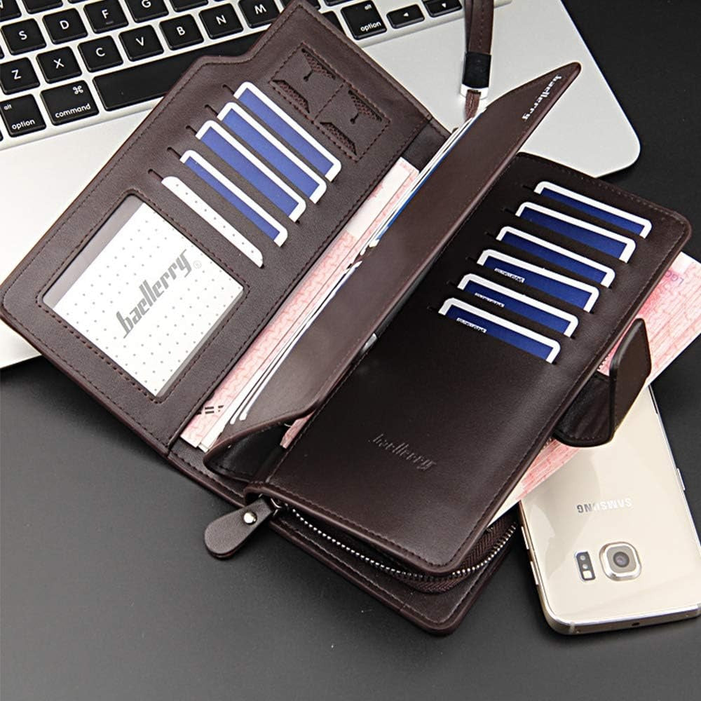 Baellerry black men’s long leather wallet with 23 card slots and zip-around clutch design