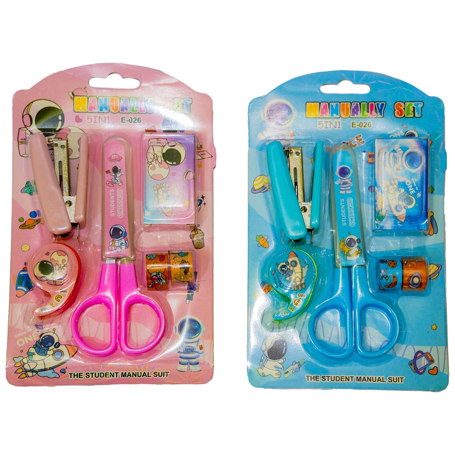 Space-themed 6-piece stationery set with stapler, scissors, washi tapes and tape dispenser for students and office use