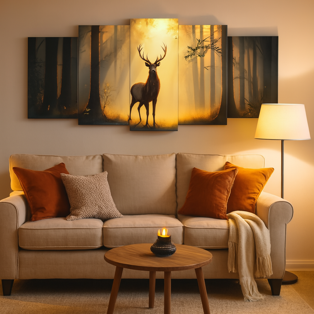 5-piece wooden wall frame set featuring deer and forest sunset design, Trend-ify home decor