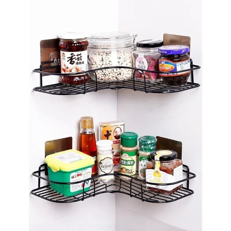 Metal corner rack wall mounted bathroom and kitchen storage shelf with hook