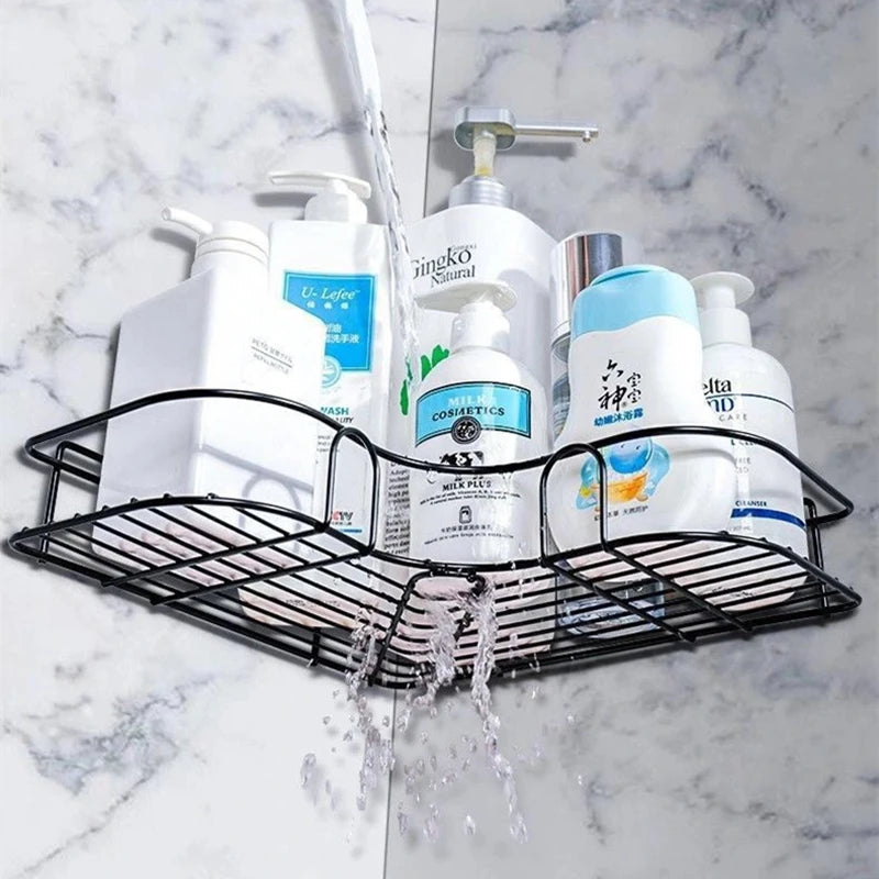 Metal corner rack wall mounted bathroom and kitchen storage shelf with hook