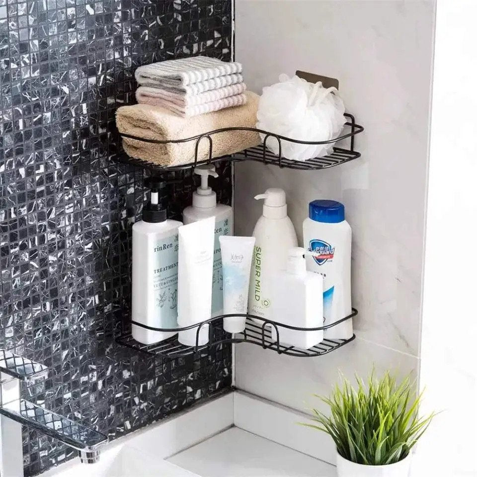 Metal corner rack wall mounted bathroom and kitchen storage shelf with hook