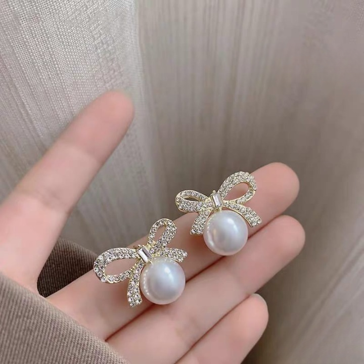 Bow Knot Pearl Earrings with Zircon in Silver and Golden Finish – Korean Style by Trend-ify
