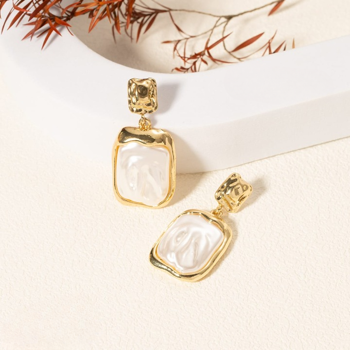 Elegant Korean Gold Foil Earrings with White Stone in Silver Finish – Rectangular Minimalist Design