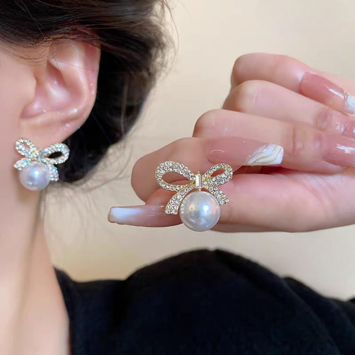 Bow Knot Pearl Earrings with Zircon in Silver and Golden Finish – Korean Style by Trend-ify