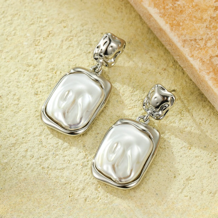 Elegant Korean Gold Foil Earrings with White Stone in Silver Finish – Rectangular Minimalist Design