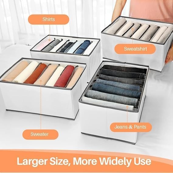 7 Grid Non-Woven Clothes Organizer Milky White – Foldable Wardrobe Storage Box 75 GSM