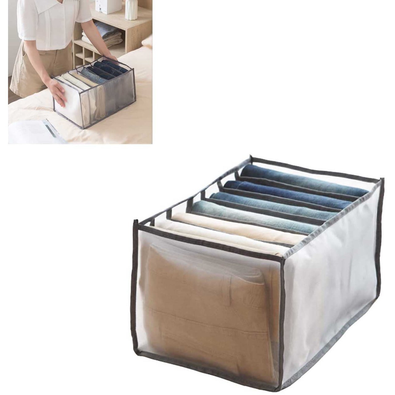 7 Grid Non-Woven Clothes Organizer Milky White – Foldable Wardrobe Storage Box 75 GSM