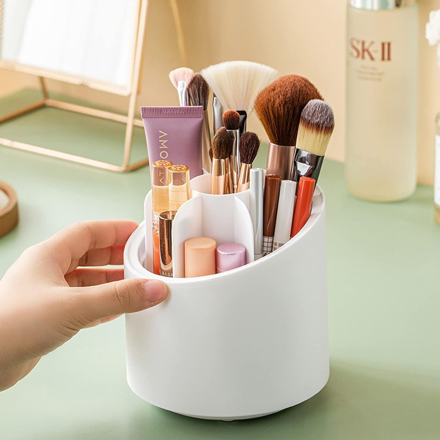 360° Rotating Makeup Brush Organizer with Clear Dome Cover – Dustproof Cosmetic Holder for Vanity and Desk