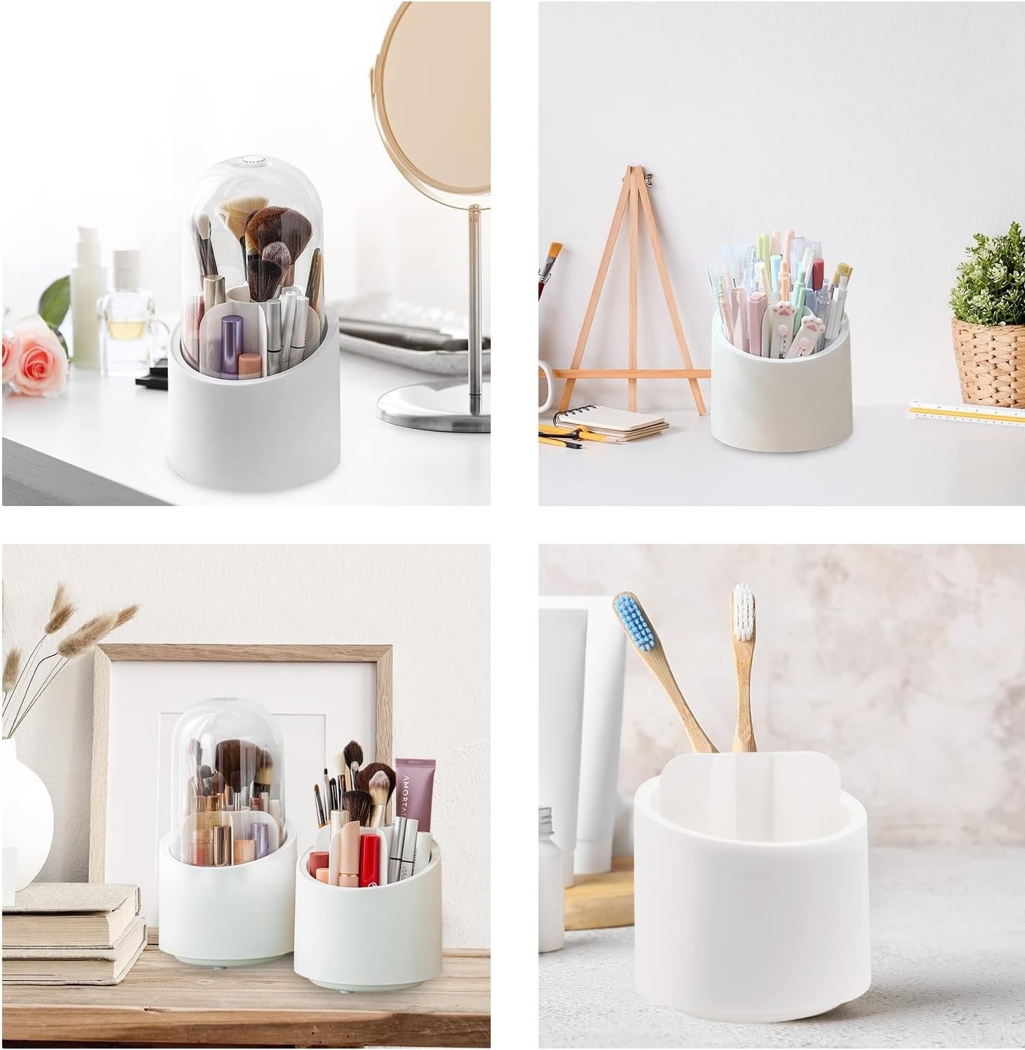 360° Rotating Makeup Brush Organizer with Clear Dome Cover – Dust proof Cosmetic Holder for Vanity and Desk