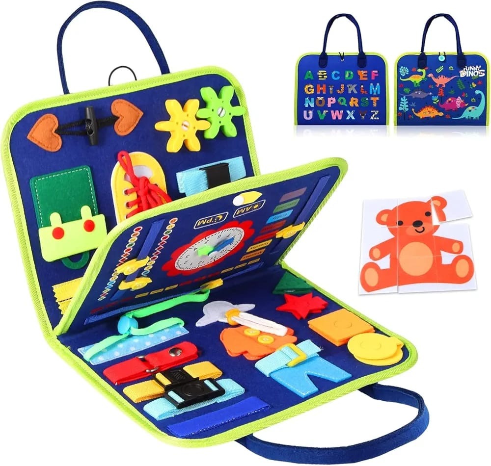 Reusable Montessori Busy Book for Toddlers – Blue Educational Learning Toy with Stickers and Flashcards for Early Skill Development