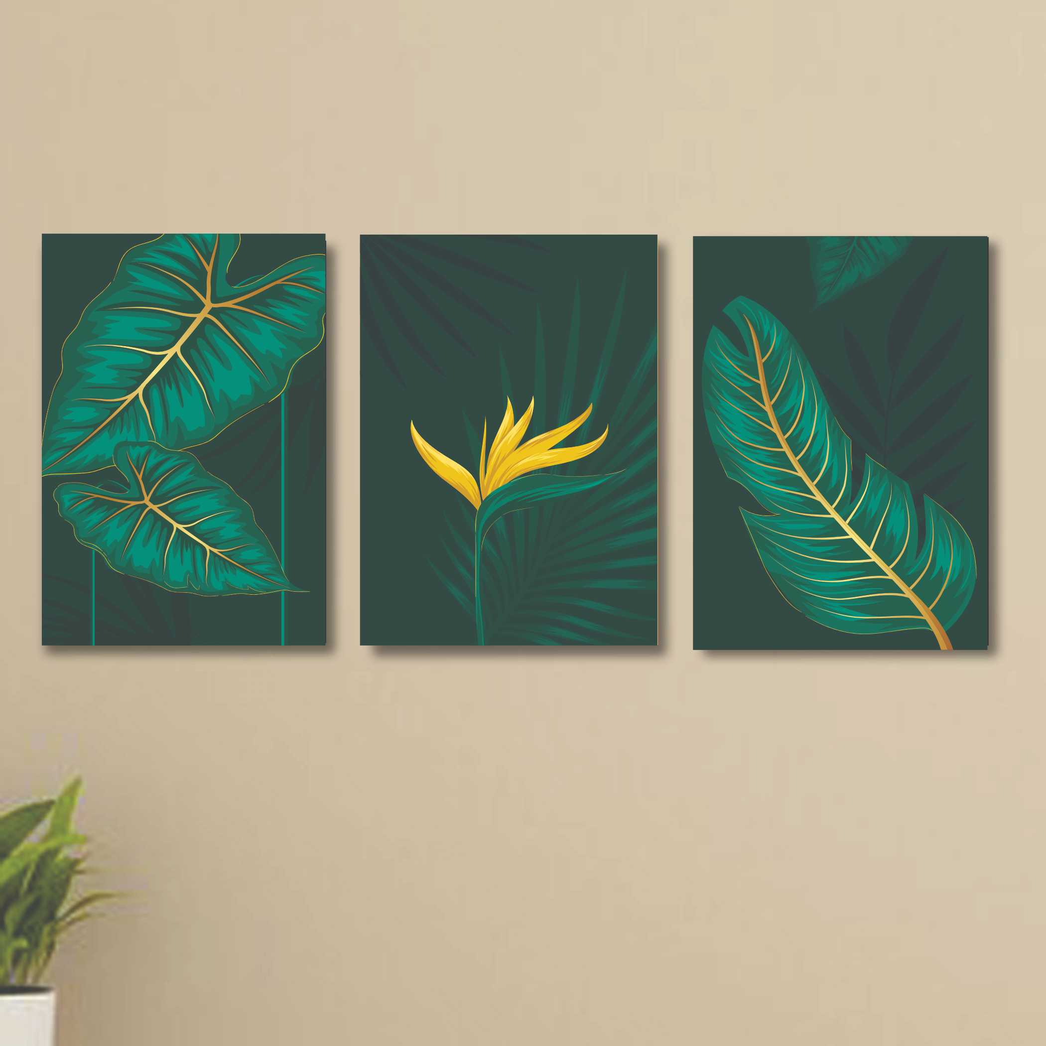 Set of 3 green flowers wooden wall art frames 8x11 sticky photo tiles for home decoration by Trend-ify