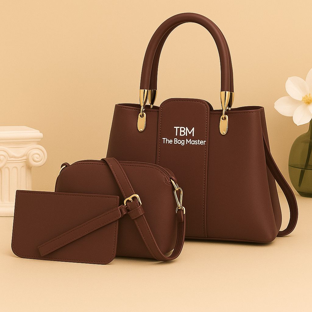 Brown handbag with matching smaller purse on a beige background, featuring 'TBM The Bag Master' branding.