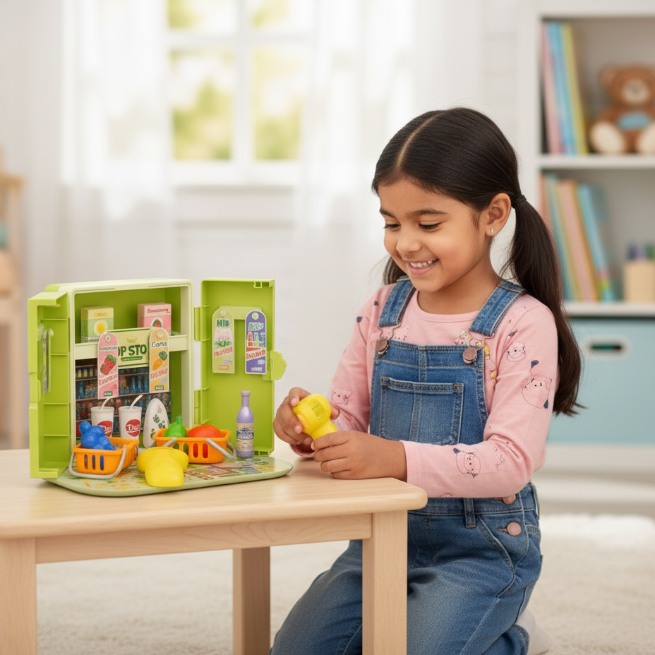 Child playing with a toy kitchen set in a bright room