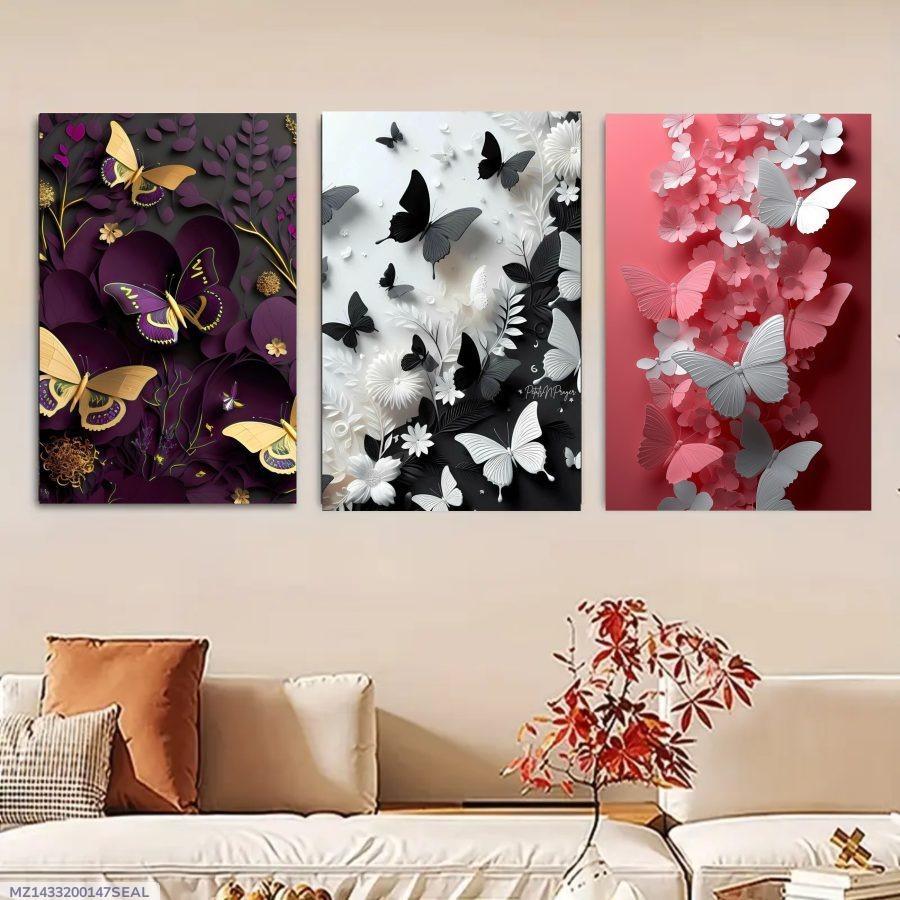 Alt Text:
Set of 3 butterfly wall frames wooden decorative art 8x11 12x16 double tape home décor Pakistan