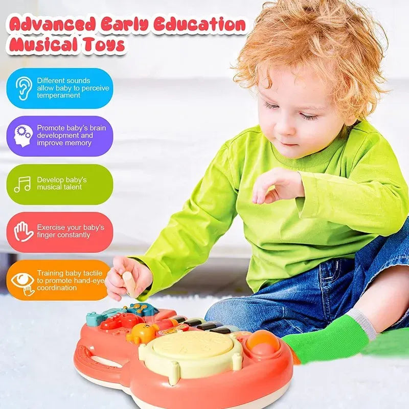 Child playing with a colorful educational toy, surrounded by text about its benefits.