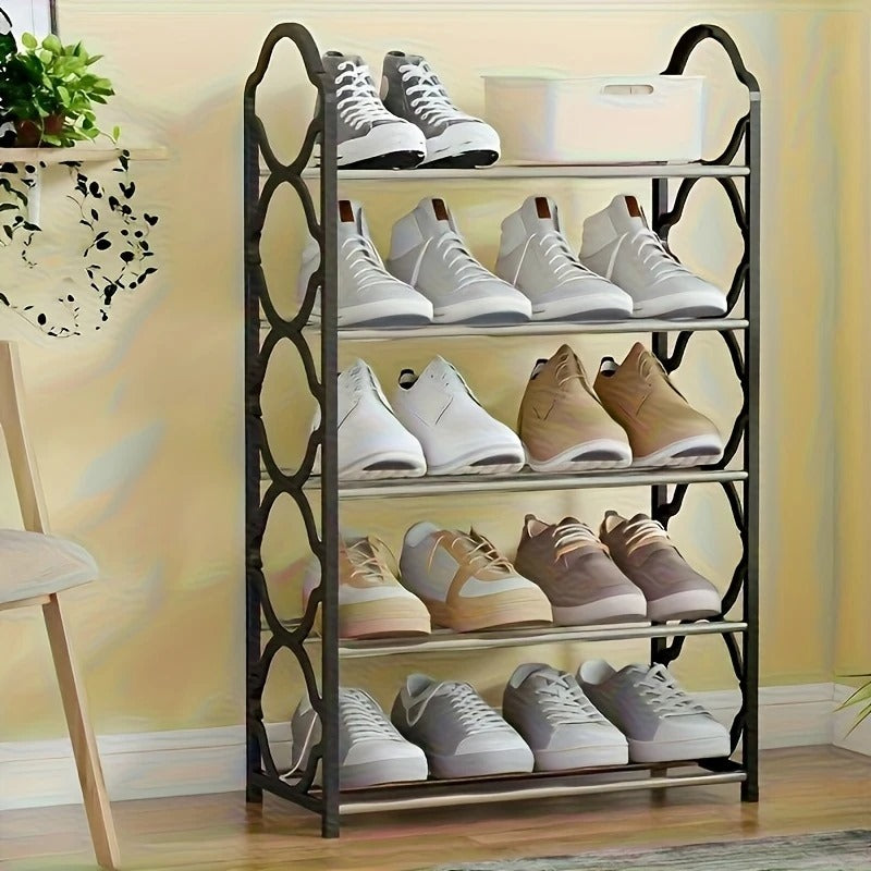 Shoe rack with various shoes on a wooden floor against a yellow wall.