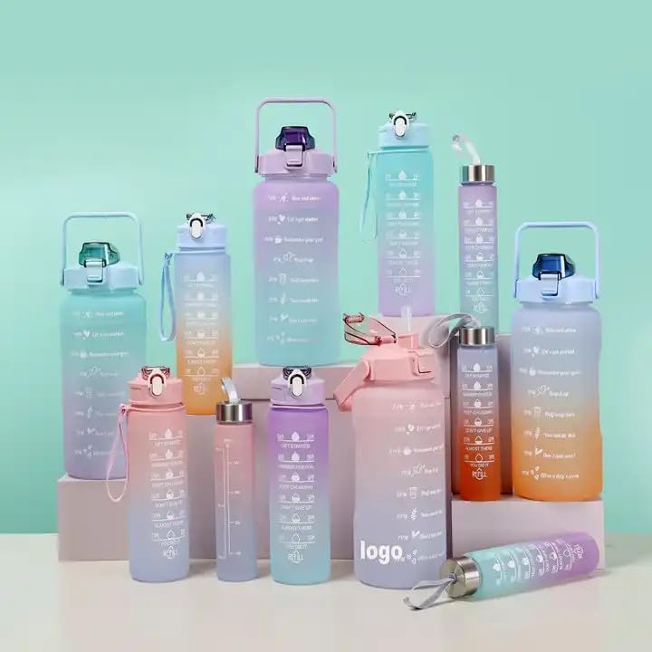 3 pcs sports water bottles set with motivational time marker and leak-proof flip lid in random colors.