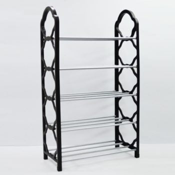 Black metal shoe rack with multiple shelves on a white background