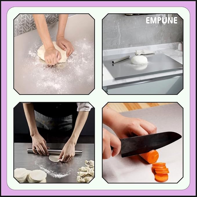 Collage of cooking activities including rolling out dough and cutting carrots, with 'EMPONE' branding.