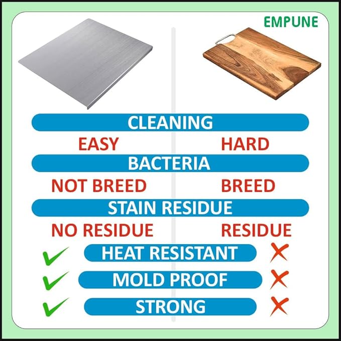 Comparison chart between a metal sheet and a wooden cutting board with cleaning and material properties listed.