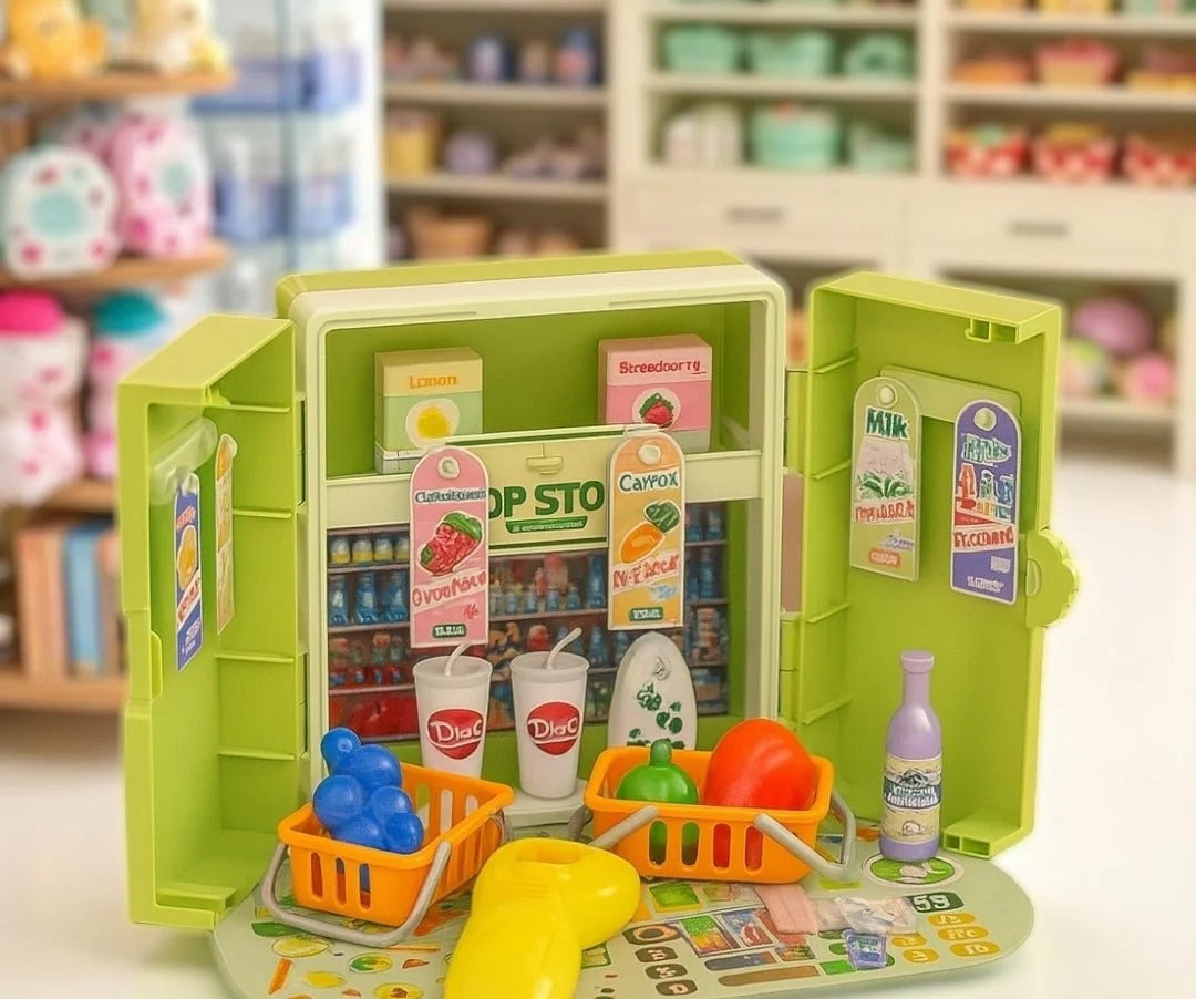 Toy supermarket set with various items and a colorful interior.