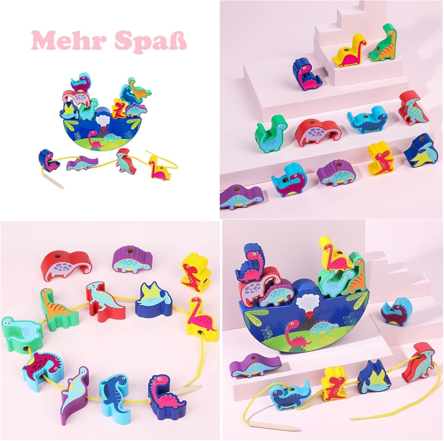Colorful dinosaur-shaped toys with strings on a pink background, featuring the text 'Mehr Spaß'.