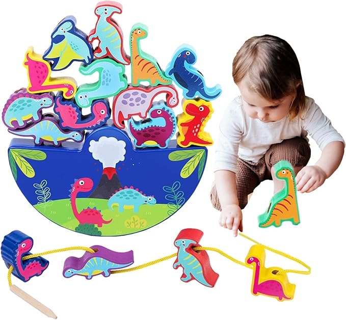 Wooden dinosaur stacking toy for kids – Montessori balance game with colorful wooden dinosaurs and threading activity.