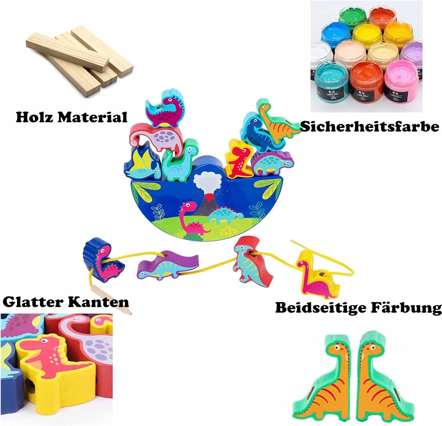 Colorful wooden toy set with dinosaur figures and safety paint, featuring German text on a white background.