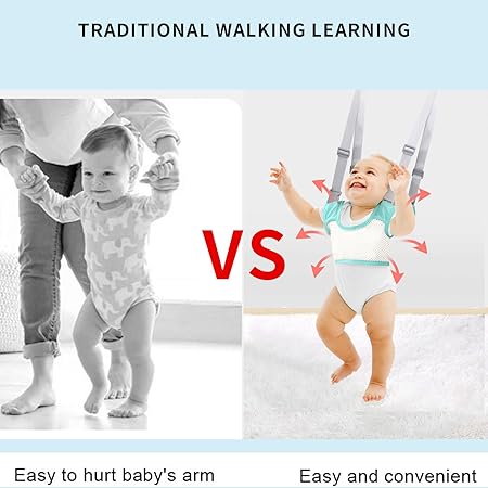 Comparison of traditional walking learning with a baby in a harness, showing ease of use and potential harm.