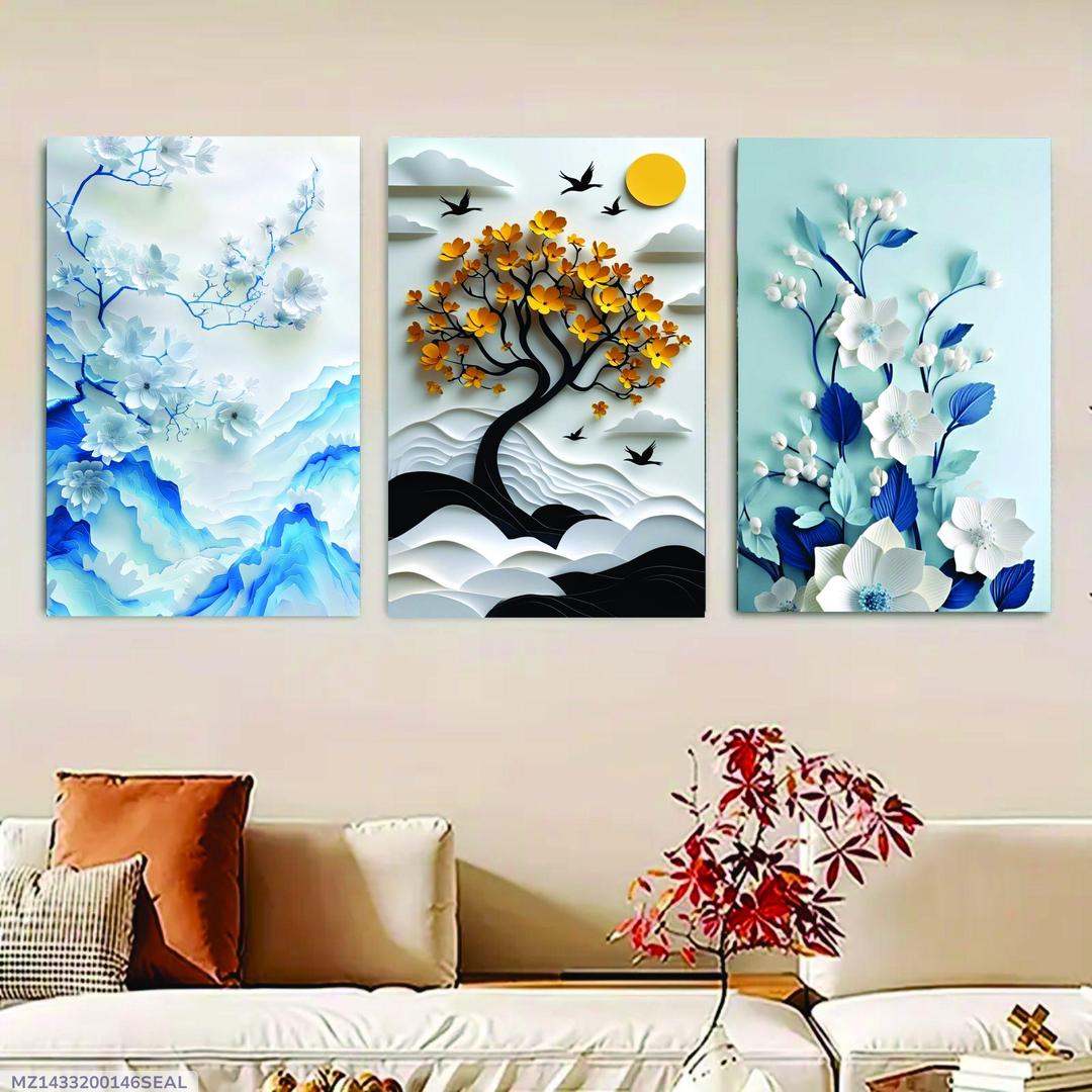 3 piece wooden wall art set nature floral tree abstract 12x16 panels Pakistan Trend-ify