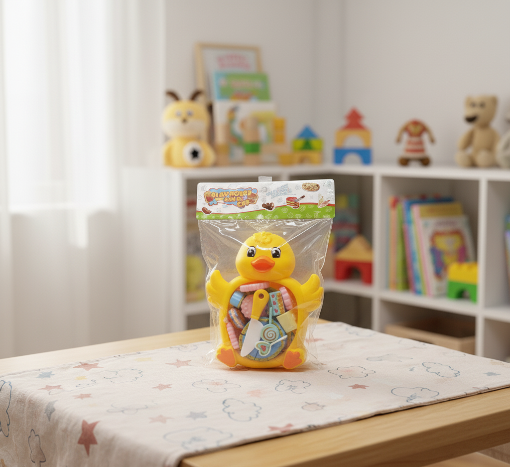 Yellow rubber duck toy in clear packaging on a table with a blurred background of children's toys and books.