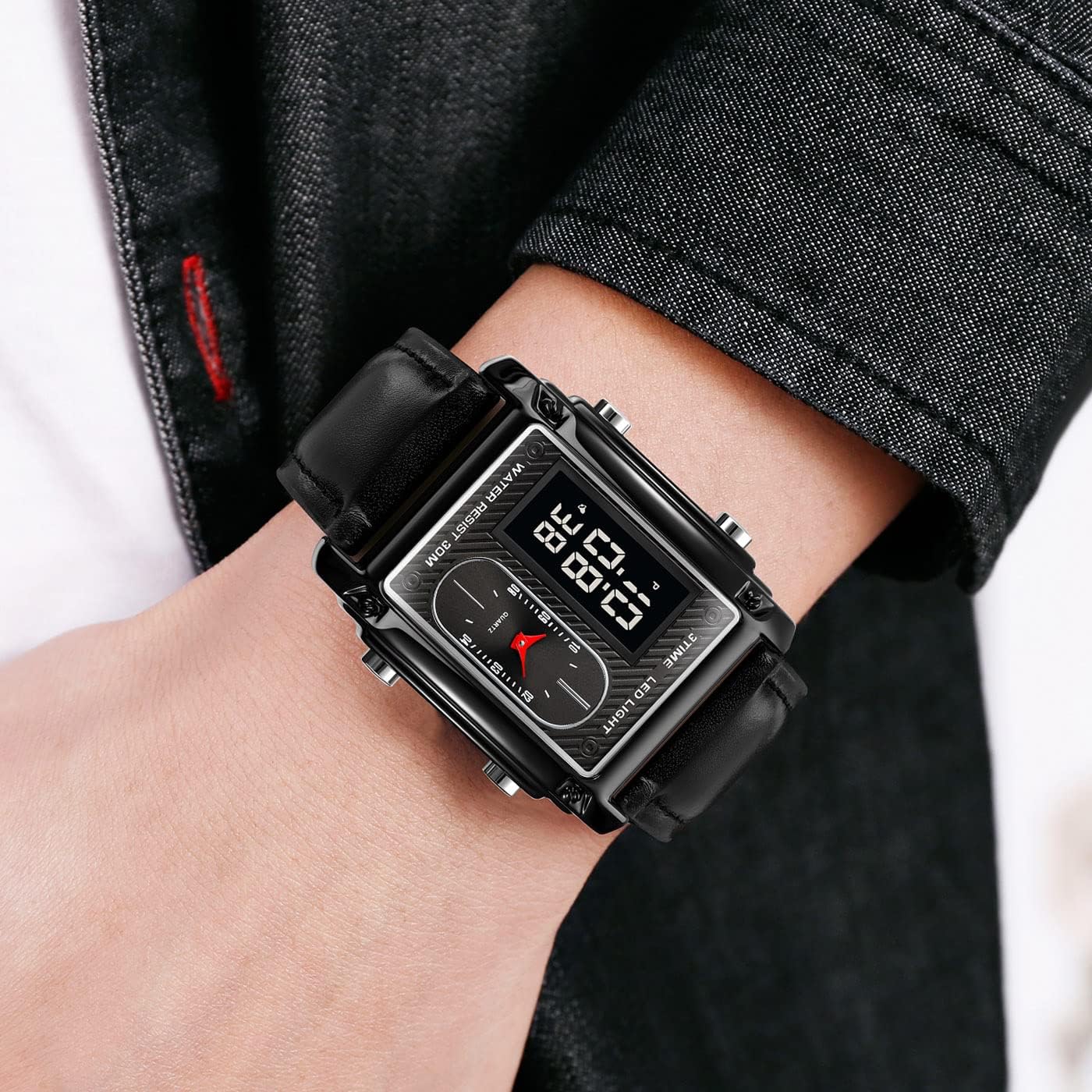Original SKMEI 1868 analog digital watch for men black dial with golden case leather strap