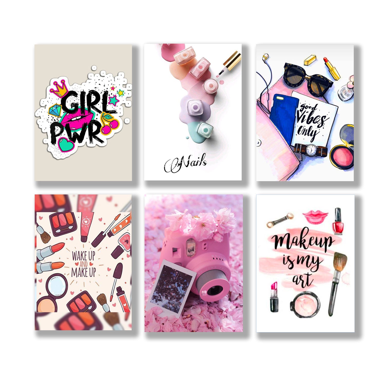 Set of six decorative posters with makeup-themed designs on a white background