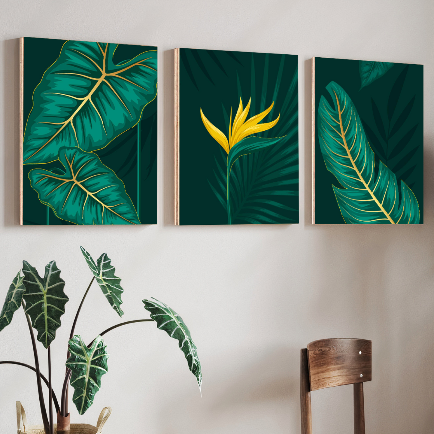Set of 3 green flowers wooden wall art frames 8x11 sticky photo tiles for home decoration by Trend-ify