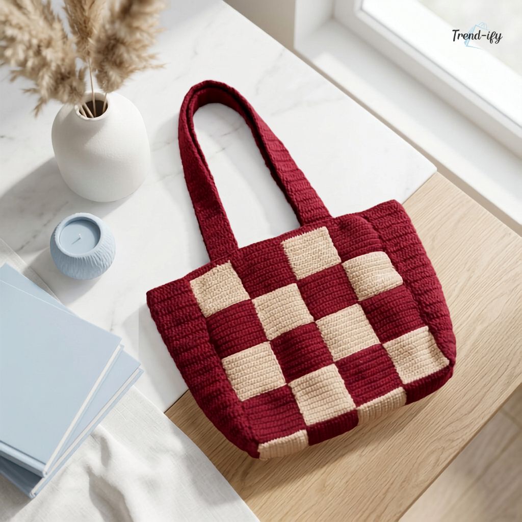 Handmade Crochet Checkerboard Tote Bag | Stylish Knit Shoulder Bag