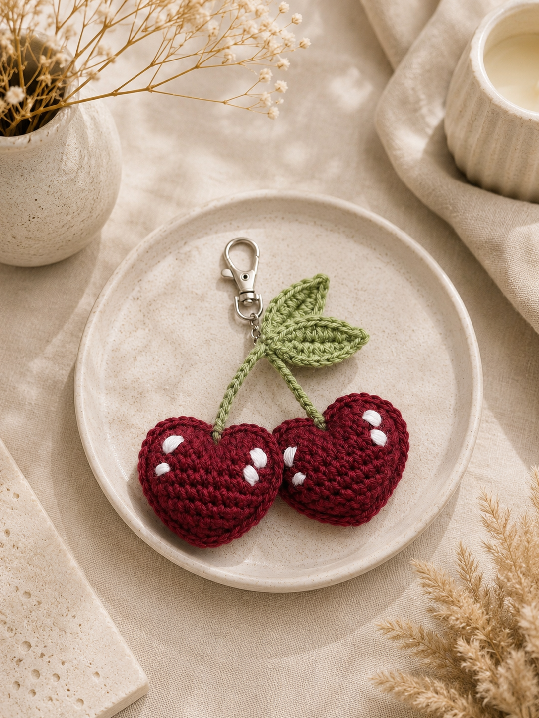 Handmade crochet cherry keychain with cute cherry design made from premium yarn, perfect as a bag charm, backpack accessory, or keyring gift.