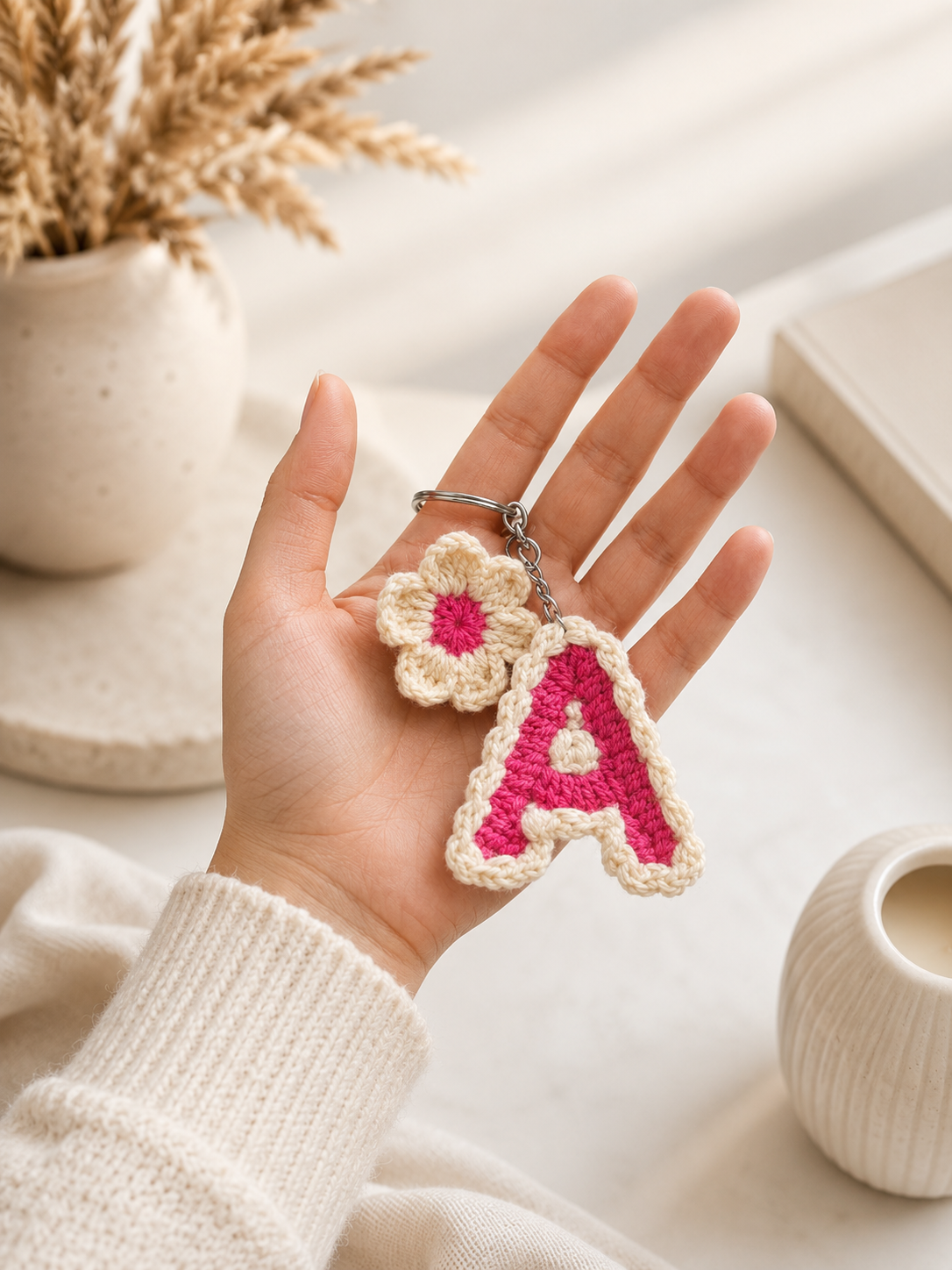 Personalized handmade crochet alphabet keychain with custom letter made from premium yarn for keys, handbags, backpacks, and thoughtful gifts.