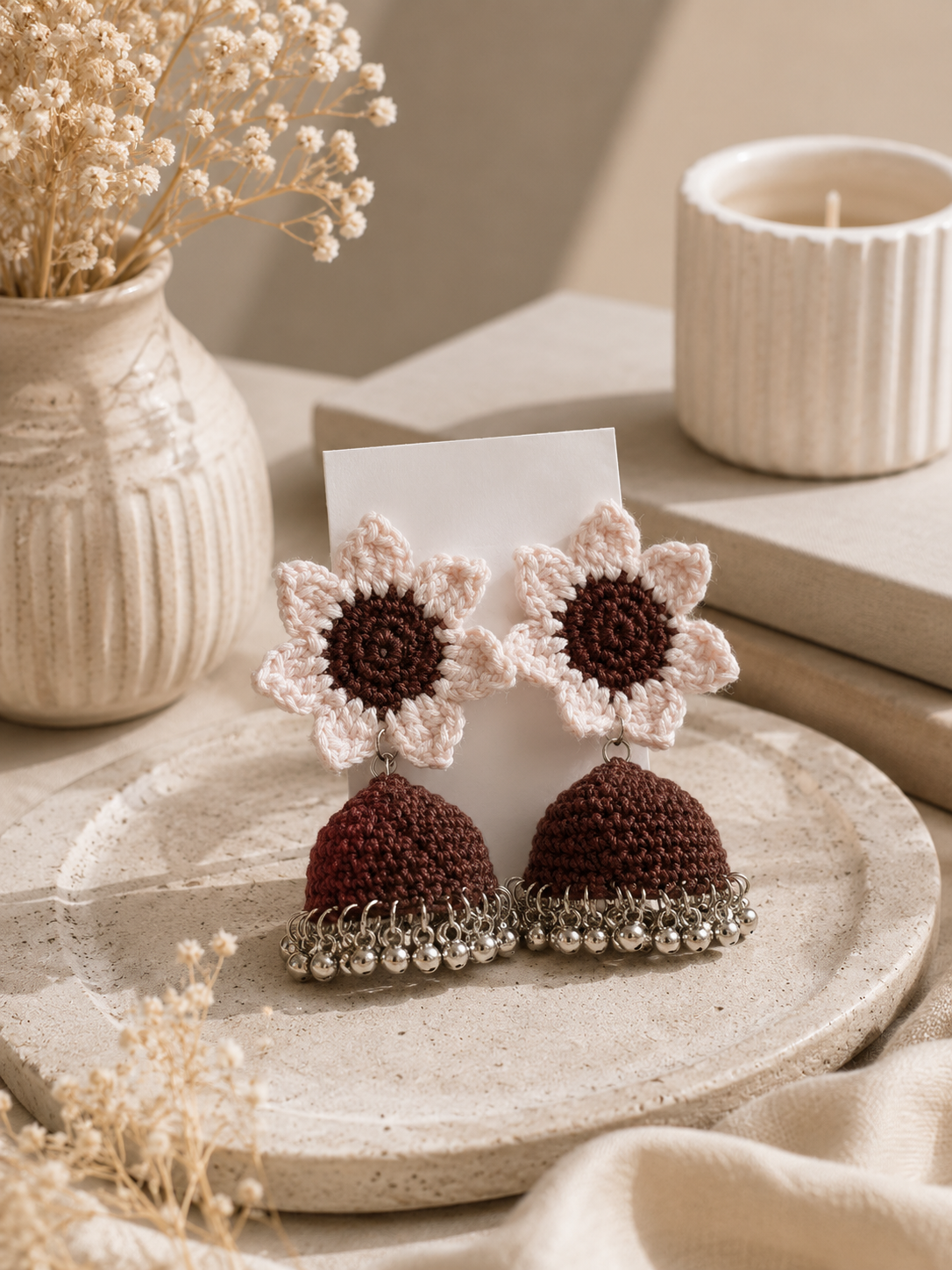 Personalized handmade crochet floral jhumka earrings with daisy flower design and lightweight crochet bell drops, customized and made on order for women.