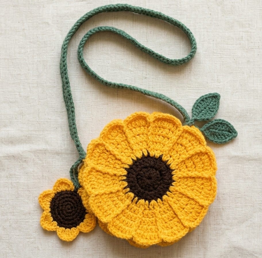 Personalized handmade crochet sunflower crossbody bag with customizable colors, floral design, and long shoulder strap, made on order for women and girls.