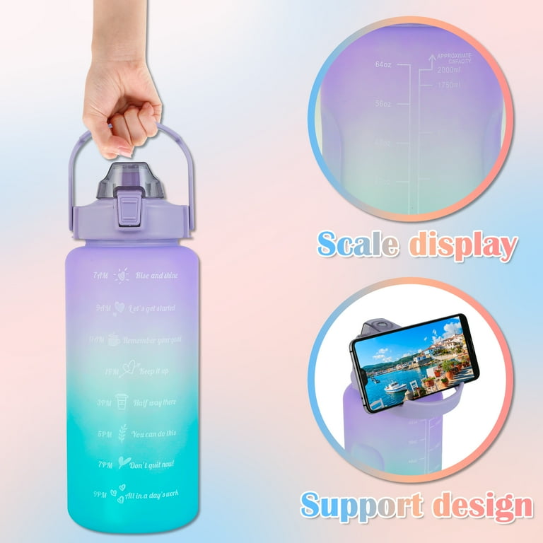 Gradient water bottle with scale display and smartphone app feature on a pastel gradient background