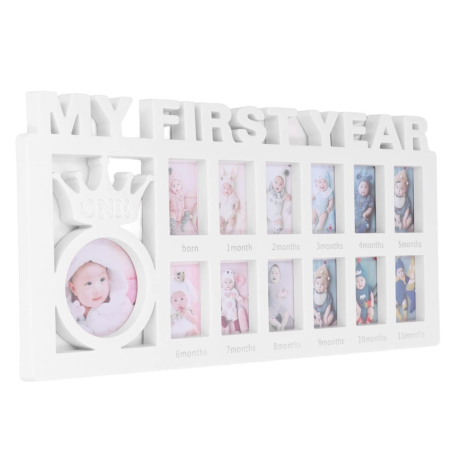 White photo frame with 'My First Year' text and space for 12 photos on a white background