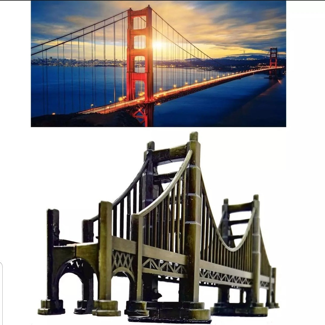 Top: Golden Gate Bridge at sunset, Bottom: Model of a bridge