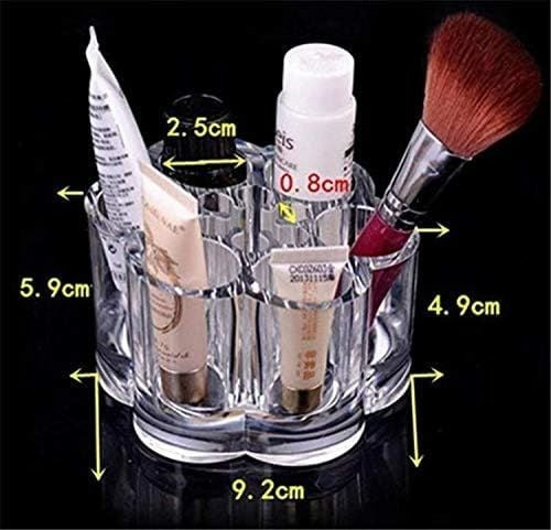Clear acrylic cosmetic organizer with measurements on a black background