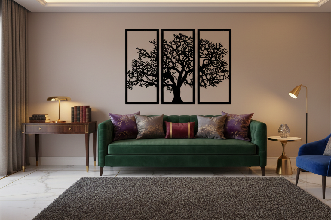Three black tree silhouettes on a wall above a gray sofa with a beige pillow.
