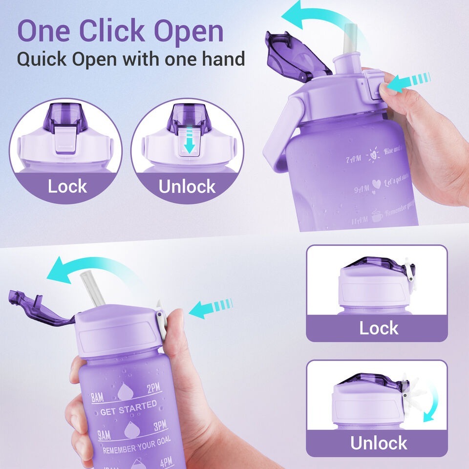 Purple water bottle with lock and unlock mechanism on a light purple background