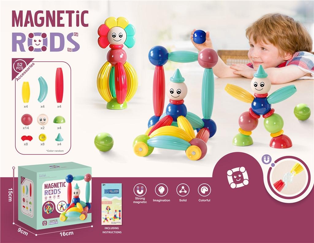 Colorful magnetic toy set with packaging and child playing