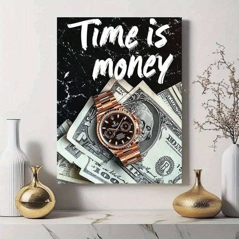 Time is Money wooden wall art frame with watch and dollar design self adhesive motivational home decor Trend-ify
