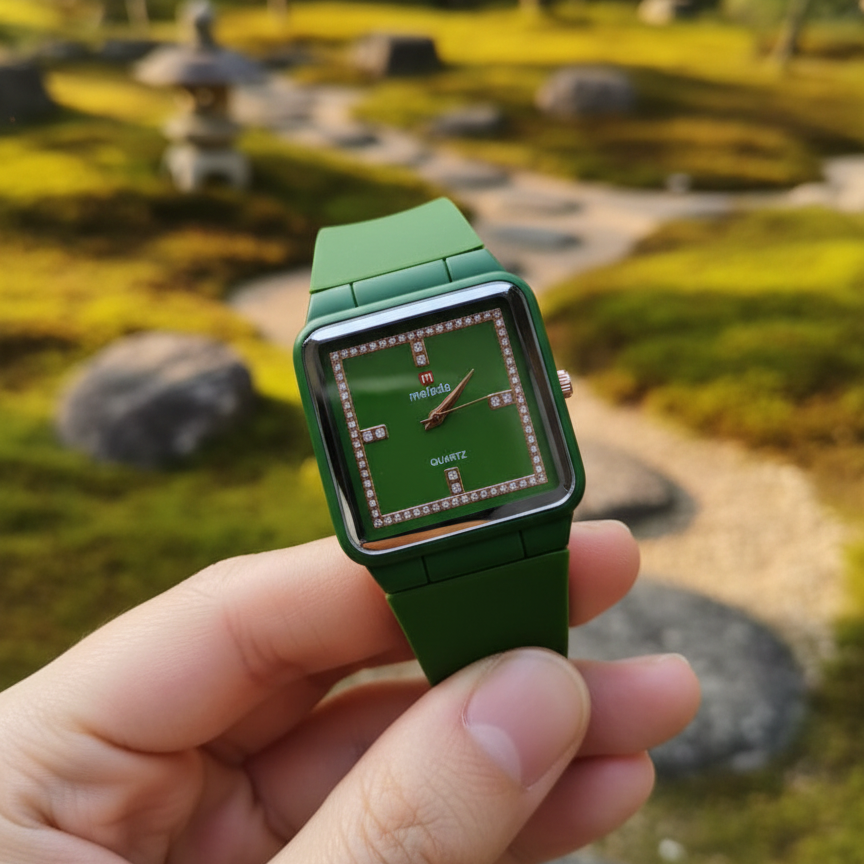 Green Melada quartz watch with square crystal studded dial stylish design
